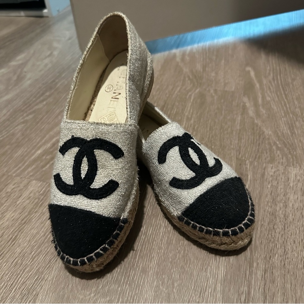 Chanel White and Black Logo Espadrilles